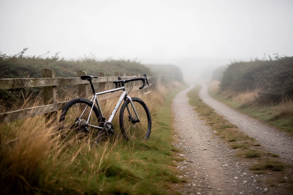 鋼製 gravel 單車挨住木欄,旁邊係霧氣瀰漫嘅碎石路