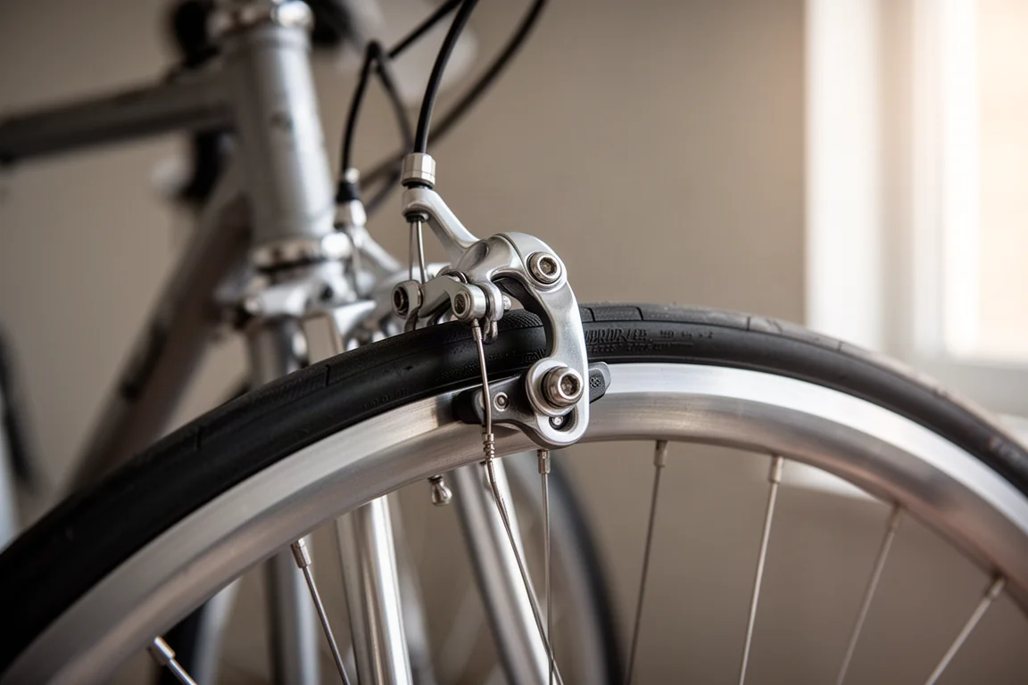 特寫鏡頭影住 rim brake 夾器夾實拋光鋁合金輪圈