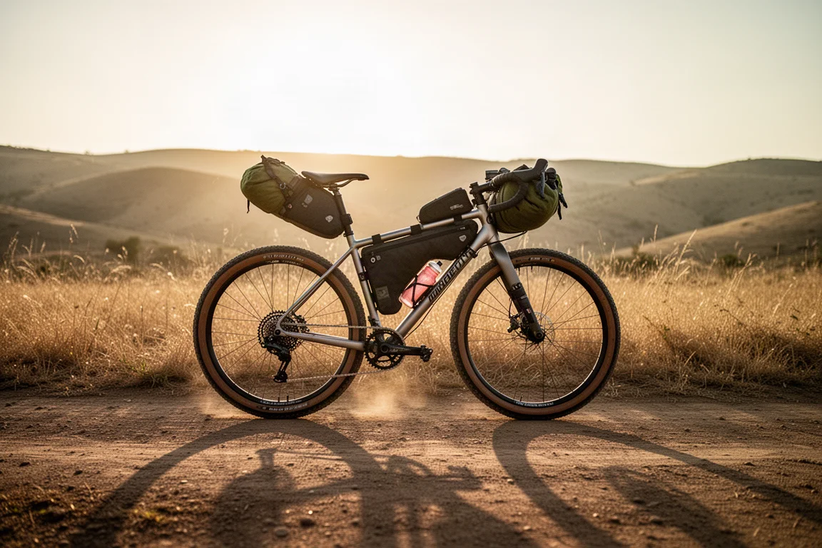 鋼製 all-road 單車掛滿 bikepacking 袋,喺黃金時段嘅泥路上