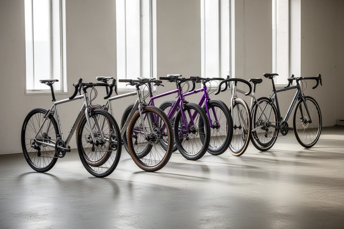 Five bicycles of different types lined up in a bright concrete workshop