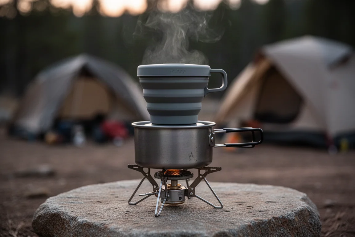 Gobelet en silicone pliable utilisé comme couvercle sur une casserole en titane à côté d'un réchaud de camping