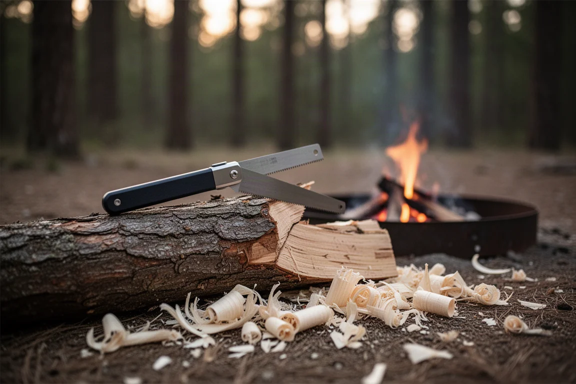 Scie compacte et pliable posée sur du bois de chauffage fendu à côté d'un cercle de feu de camp