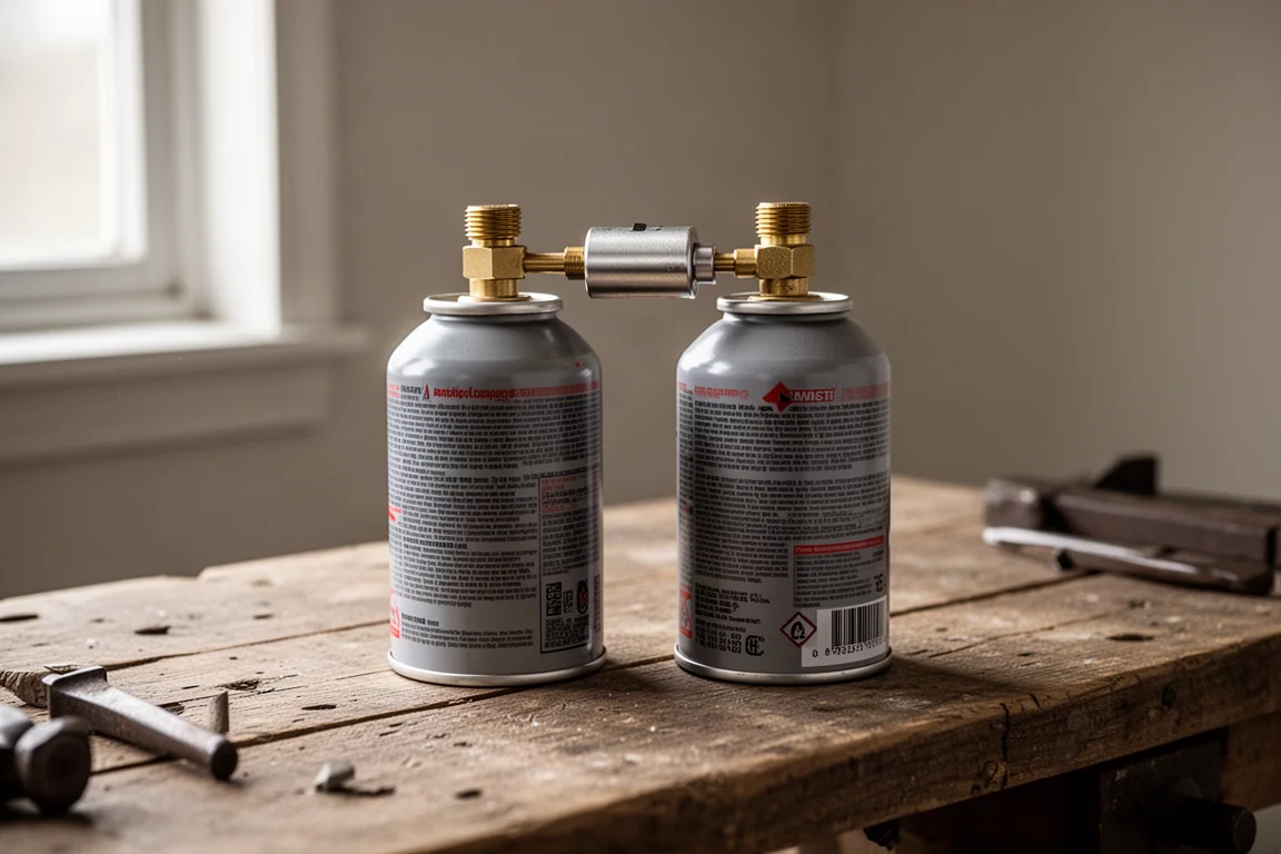 Deux petites cartouches de carburant de camping reliées par une valve de transfert compacte sur un établi