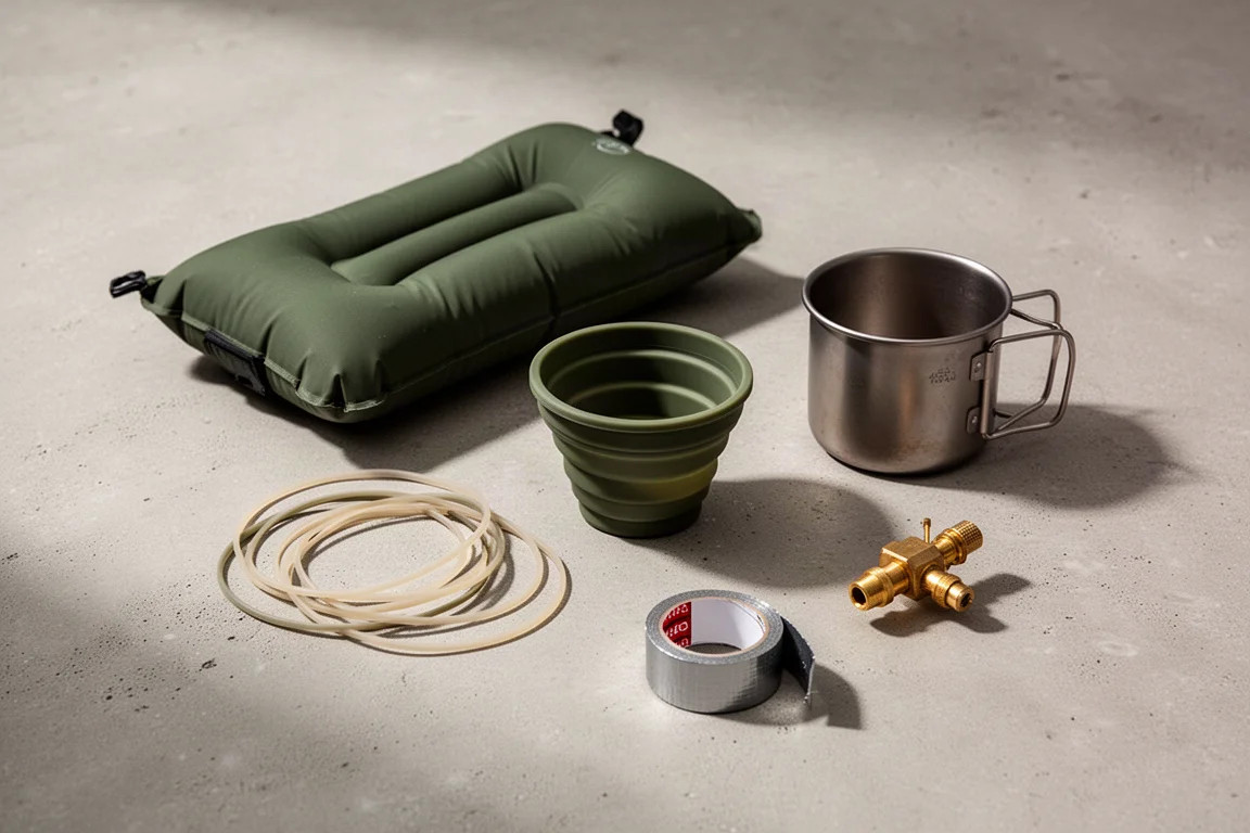 Small backpacking accessories including a camp pillow, mug, pot and tape arranged on a concrete surface