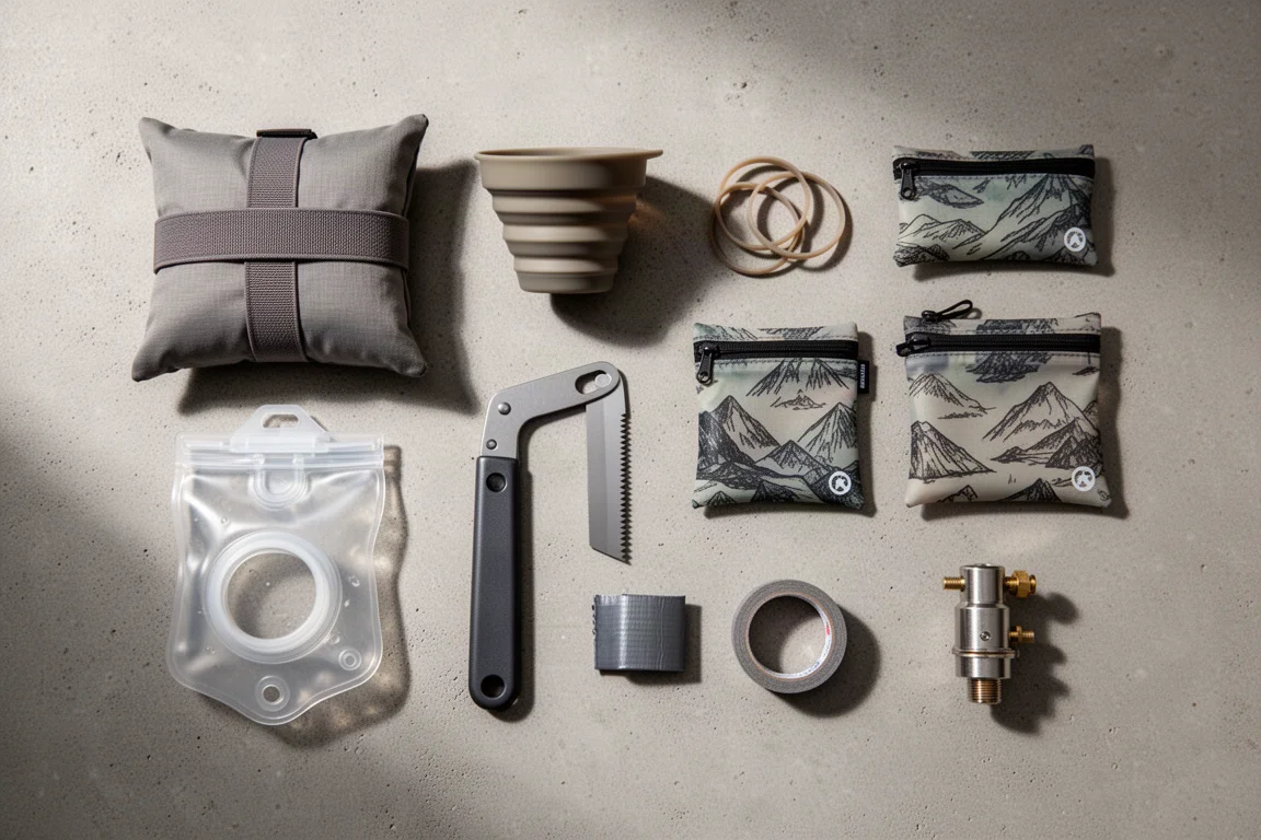 Flat lay of eight small ultralight backpacking accessories on matte concrete