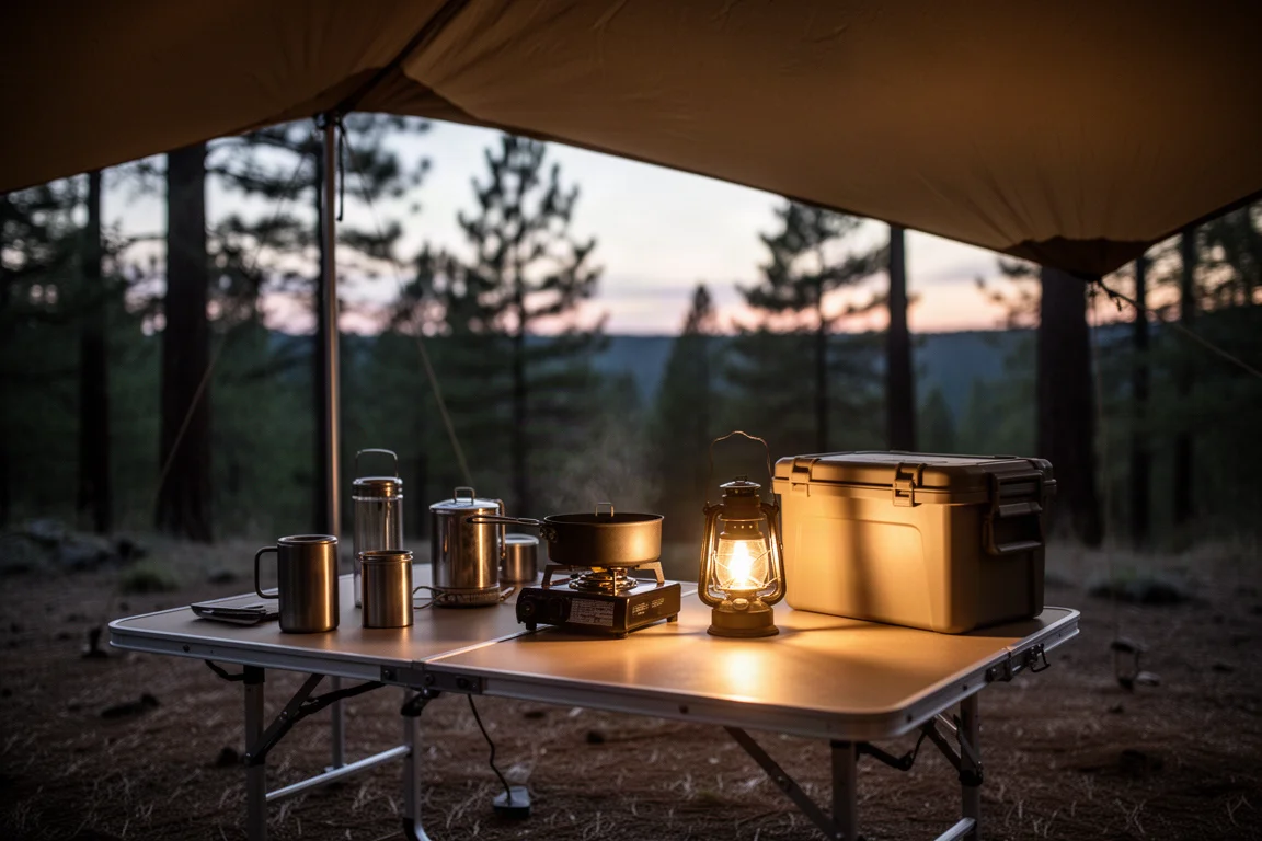 Campingtisch in der Abenddämmerung mit Kochgeschirr und einer Aufbewahrungsbox unter einem Unterstand