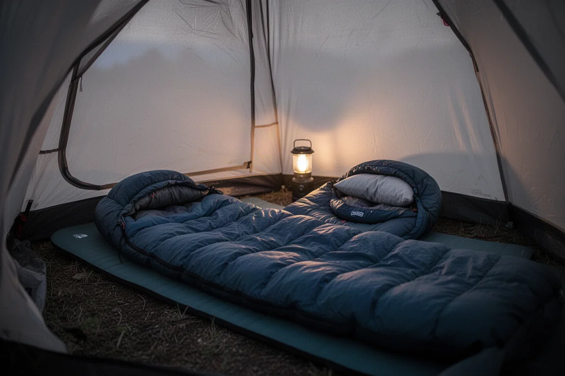 Zeltinneres in der blauen Stunde mit einem Quilt-Schlafsystem und Kissen