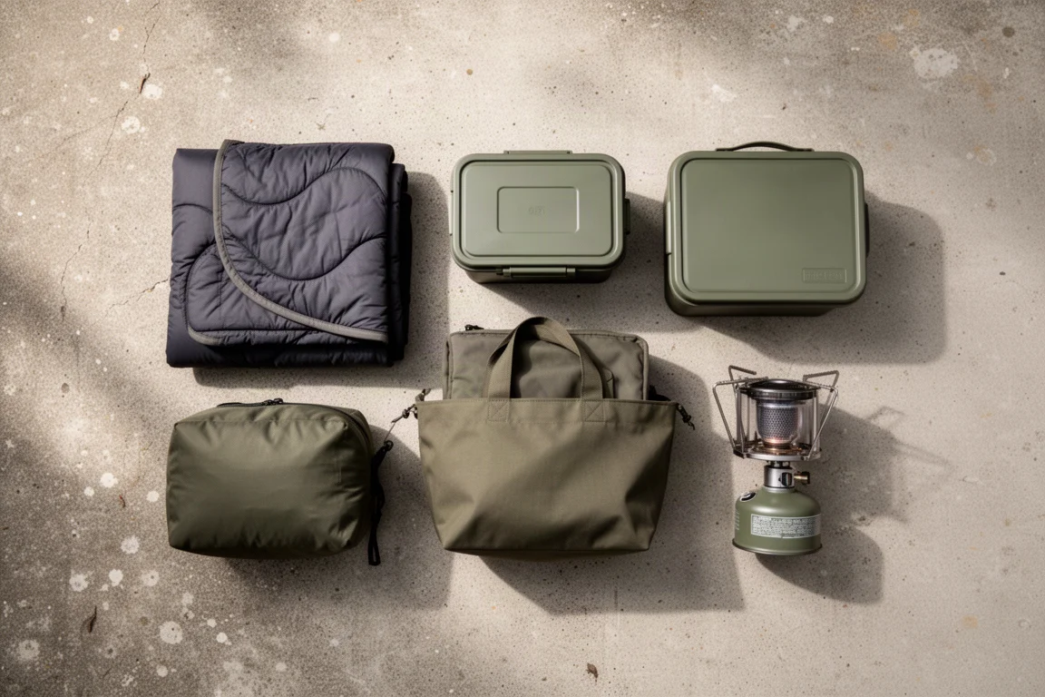 Draufsicht auf Camping-Essentials auf verwittertem Beton