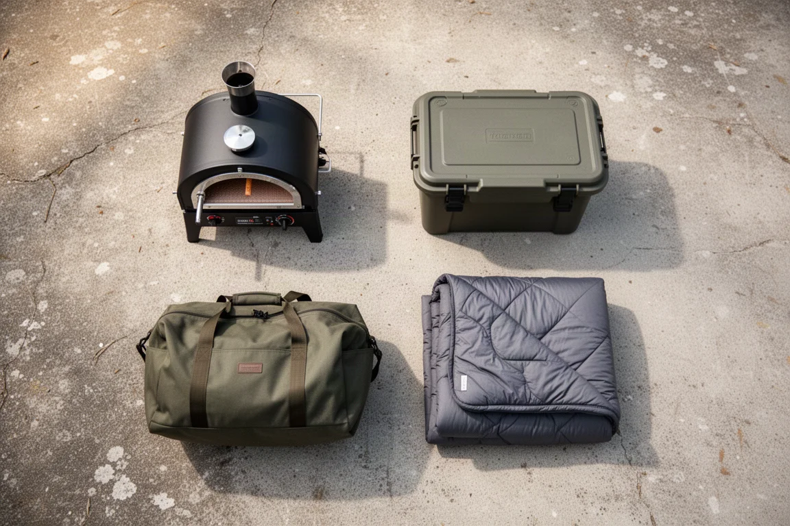 Camping gear flat-lay with a pizza oven, storage box, tote and sleeping system