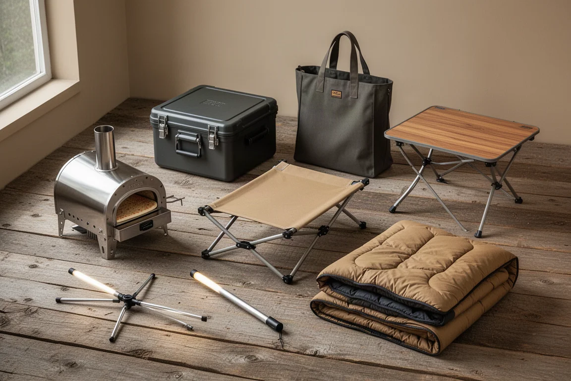 Flat-lay of camping gear including a portable oven, storage box, tote, table, cot, quilt, and camp light
