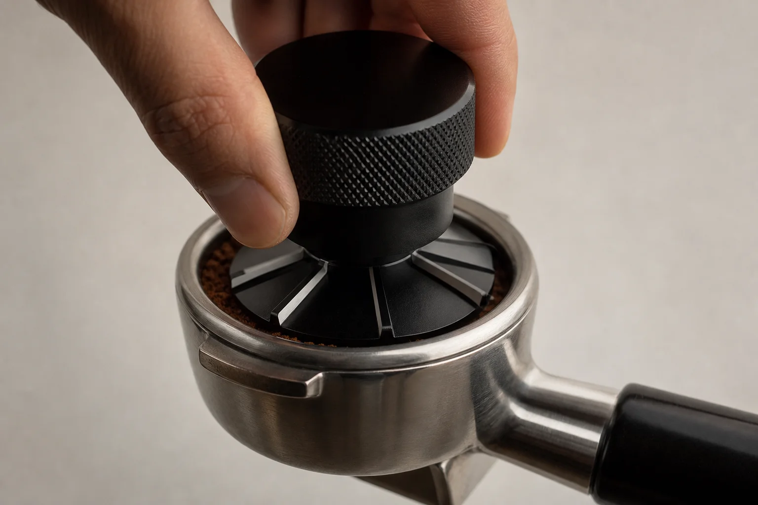 Primo piano di un distributore di caffè in polvere nel portafiltro