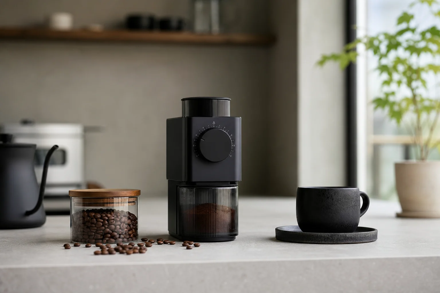Macinacaffè Sette Life su un piano cucina con chicchi di caffè