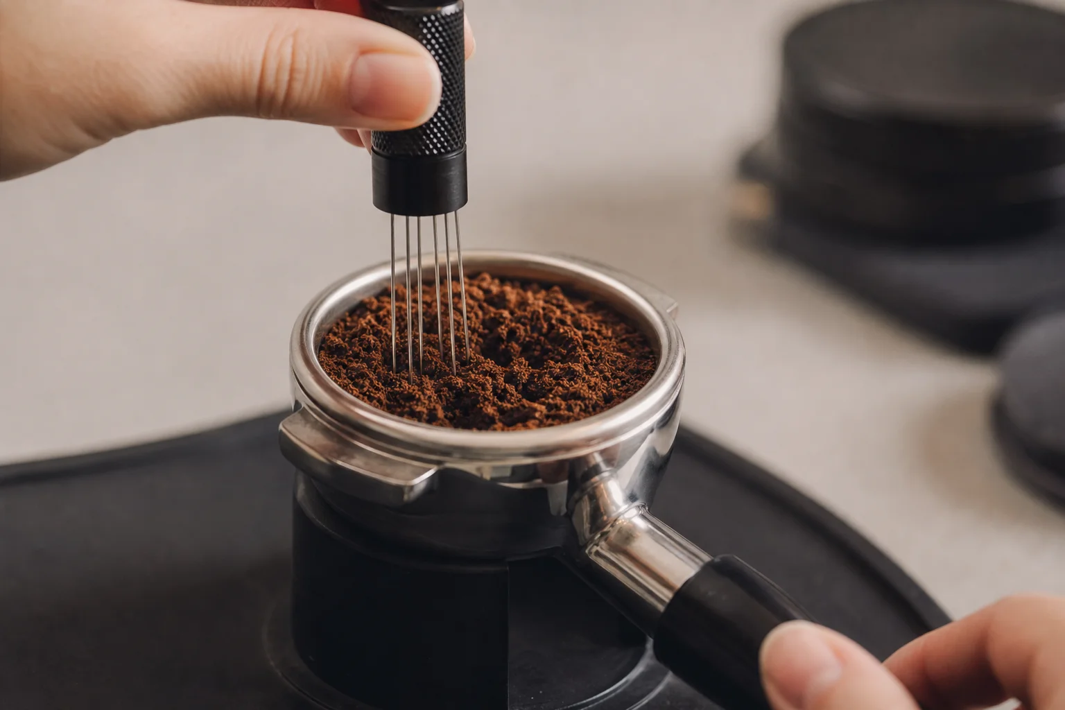 Mani che usano uno strumento WDT per distribuire il caffè nel portafiltro