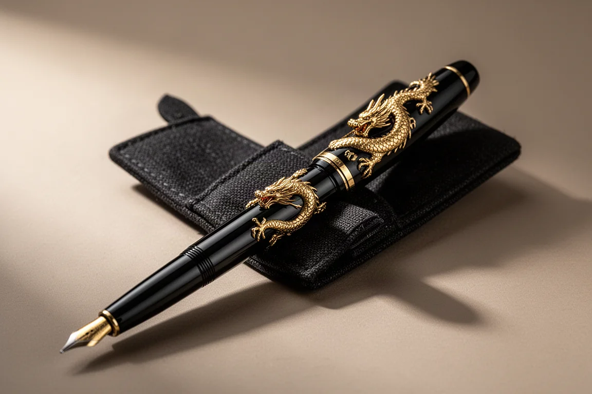 Caneta-tinteiro preta com decoração de dragão dourado repousando em uma pequena bolsa de tecido