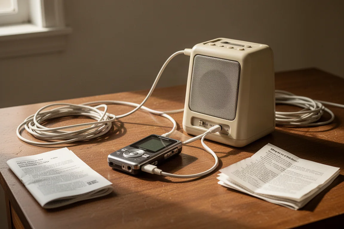 Altoparlante vintage per iPod con omino ballerino e vecchi cavi su una scrivania in legno