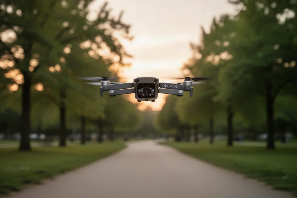 Compatto drone con fotocamera che plana sopra un viale di un parco nella luce dorata