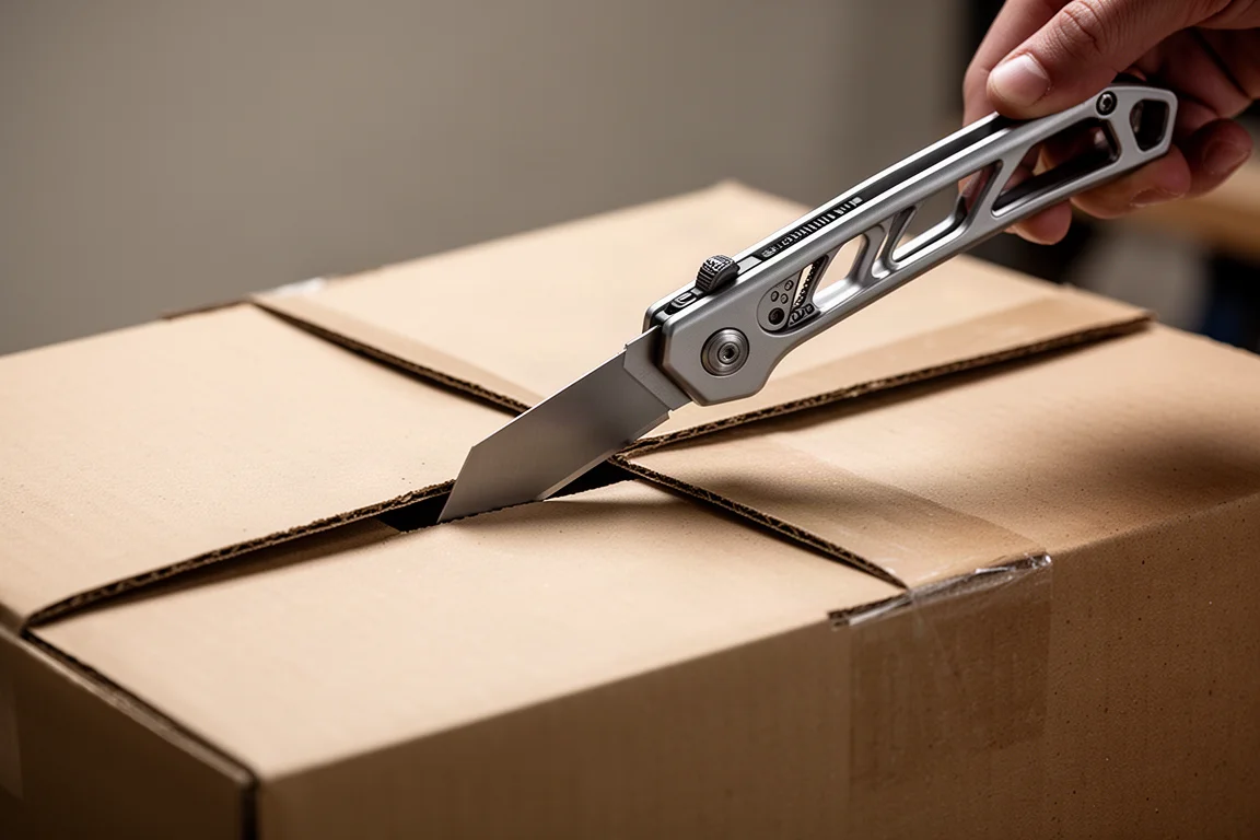 Dettaglio a mani libere di un sottile coltello multiuso che taglia una scatola di cartone
