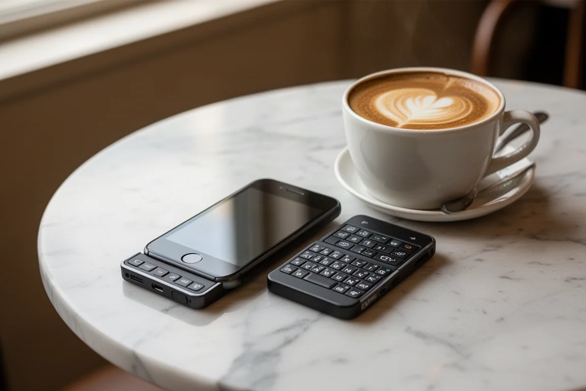 Mini telefono secondario con tastiera modulare appoggiato su un tavolino da caffè