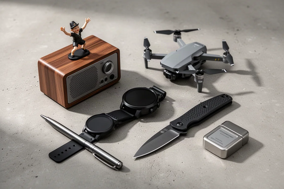 Flat-lay of quirky gadgets including a speaker, drone, watch, knife, pen, and cologne tin on concrete