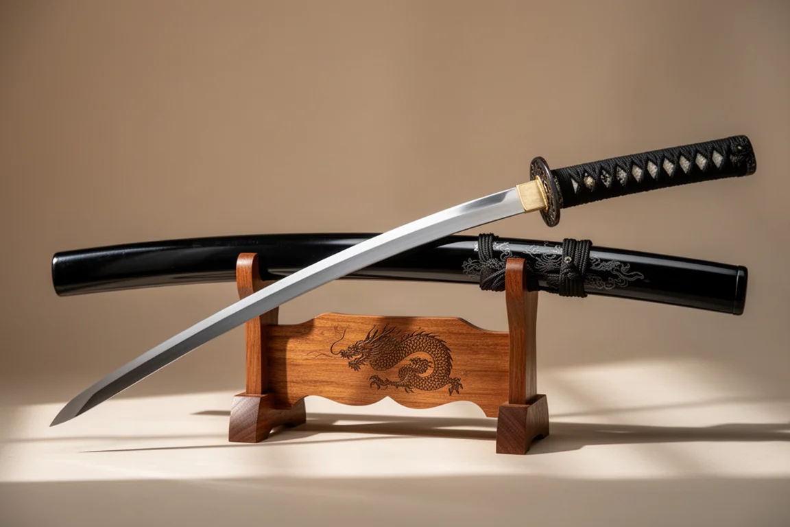 Katana artesanal con hoja negra y de acero apoyada sobre un soporte de madera de exhibición