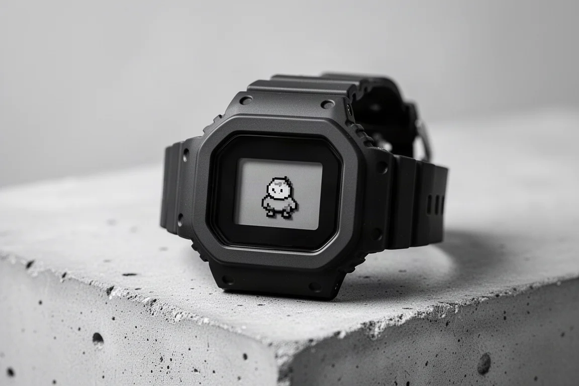 Reloj digital resistente con un pequeño personaje de mascota virtual en la pantalla