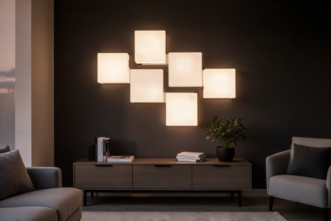 Paneles de luz modulares brillando suavemente en una pared oscura de la sala de estar