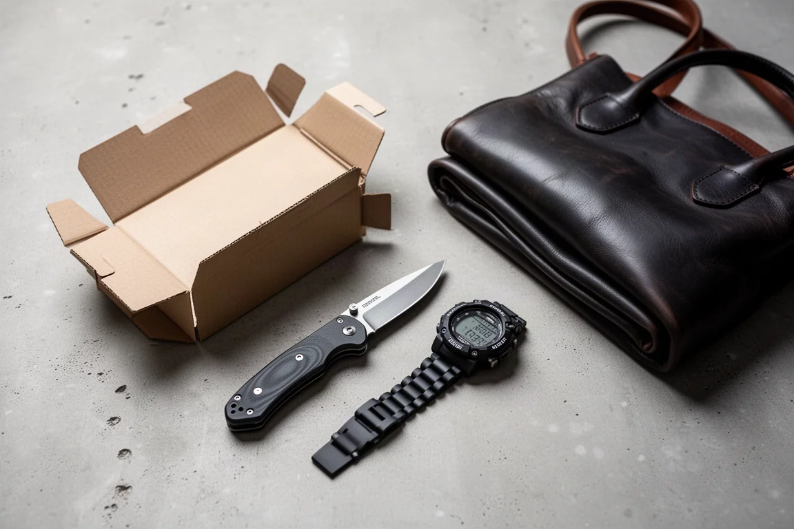 Flat-lay of a pocket knife, digital watch, leather tote, and open box on concrete