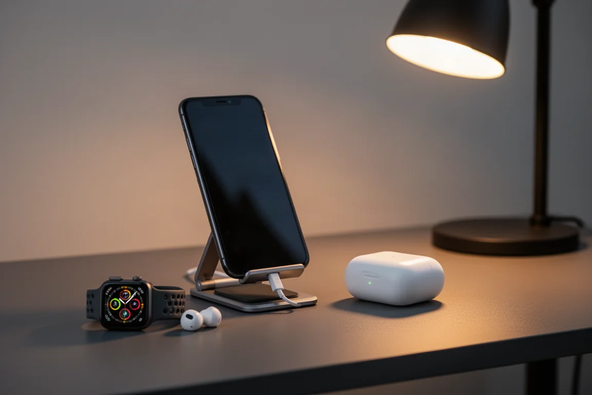 Un bureau bien rangé avec un téléphone et une montre en charge sur un support compact