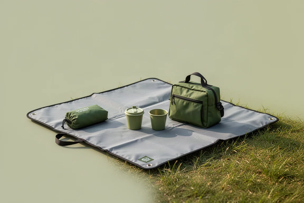 Une couverture de poche étalée sur l'herbe à côté d'une petite pochette pendant un pique-nique