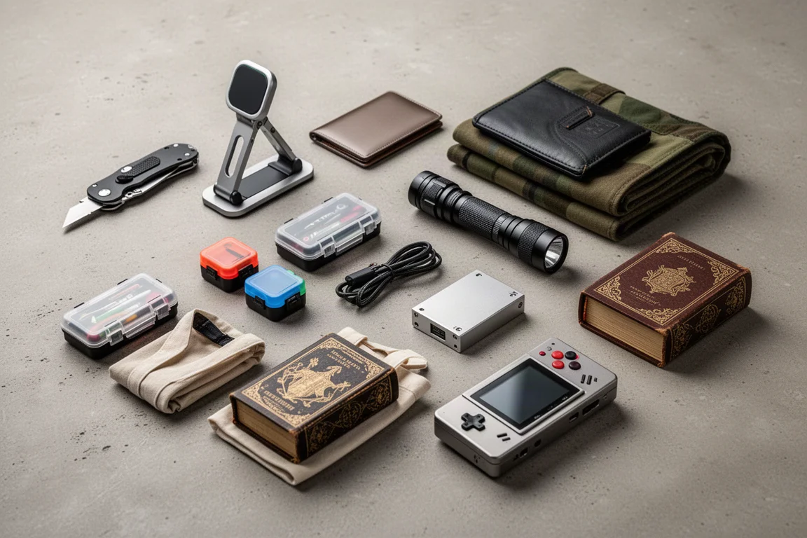 Ten compact tech accessories arranged in a flat-lay on a concrete surface