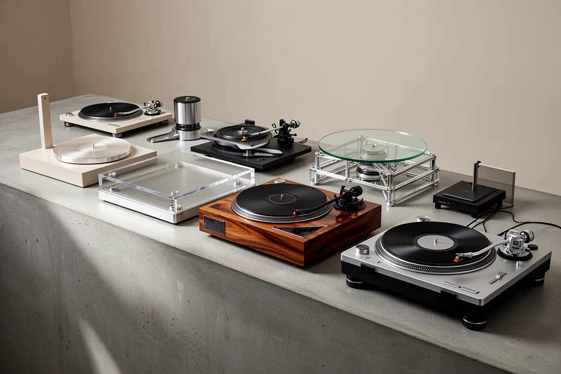 Seven turntables of different designs arranged on a matte concrete surface