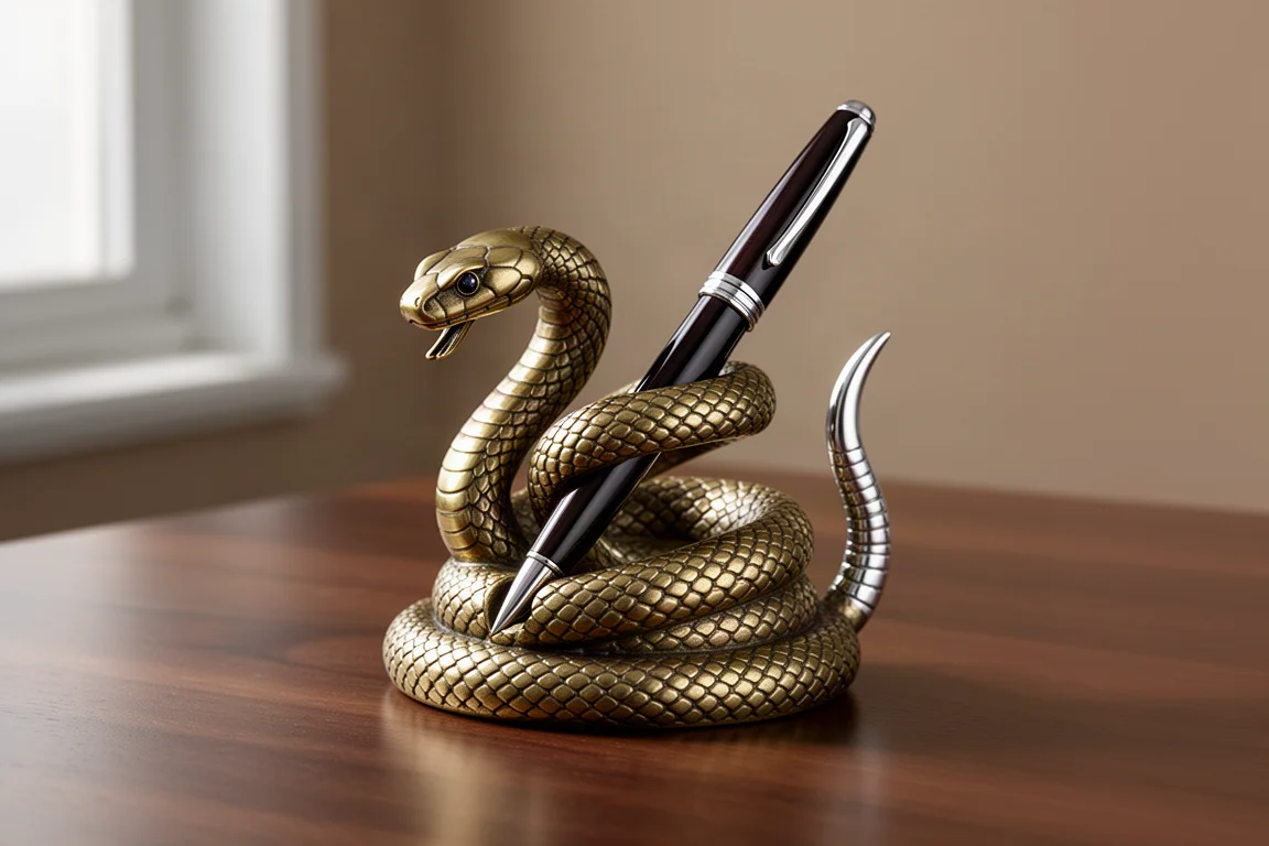 Porta penne serpente a sonagli in ottone che sorregge una penna stilografica su una scrivania in legno