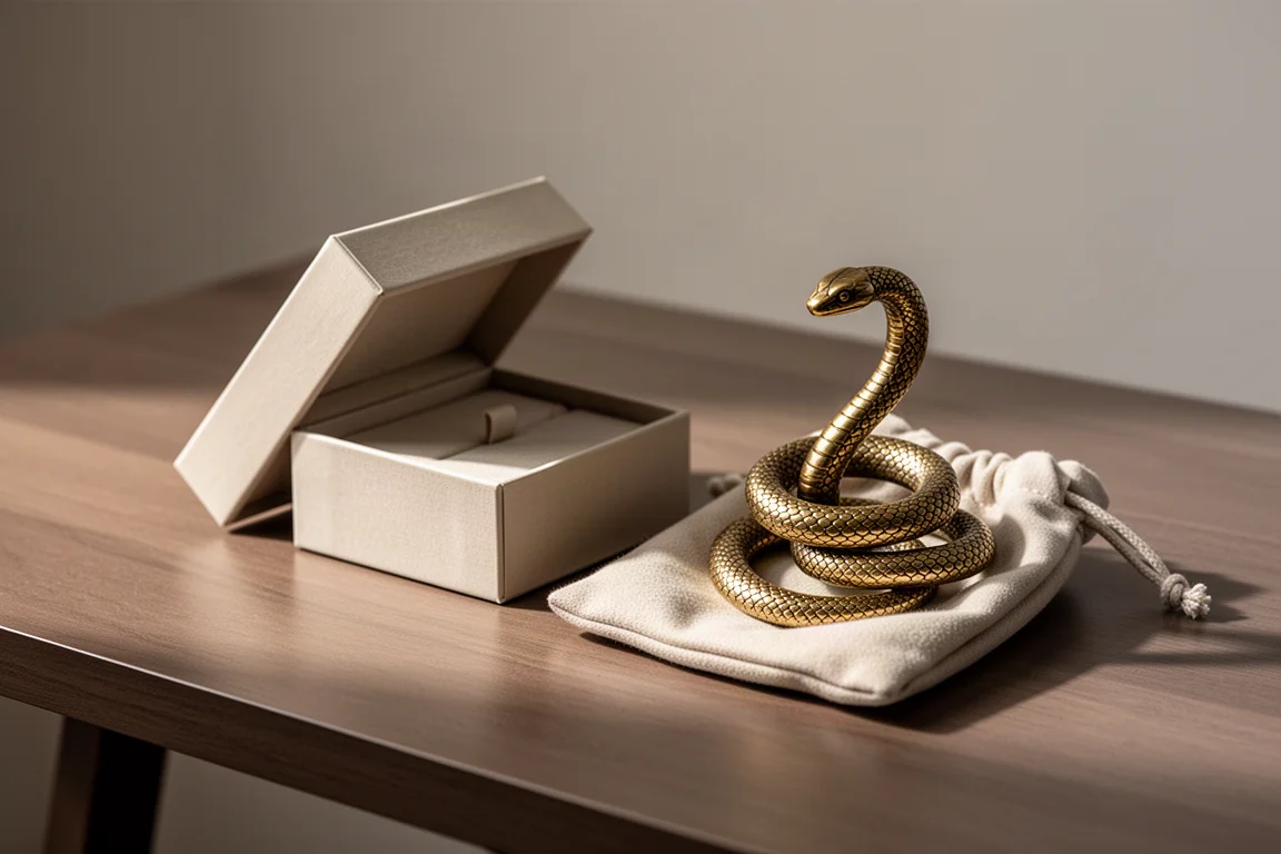 Brass rattlesnake pen stand unboxed beside its small storage pouch on a wooden desk