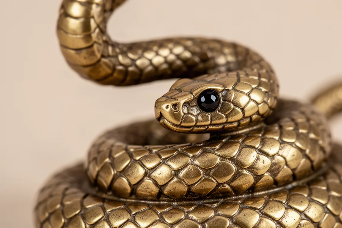 Close-up of detailed brass snake scales and black zirconia eye