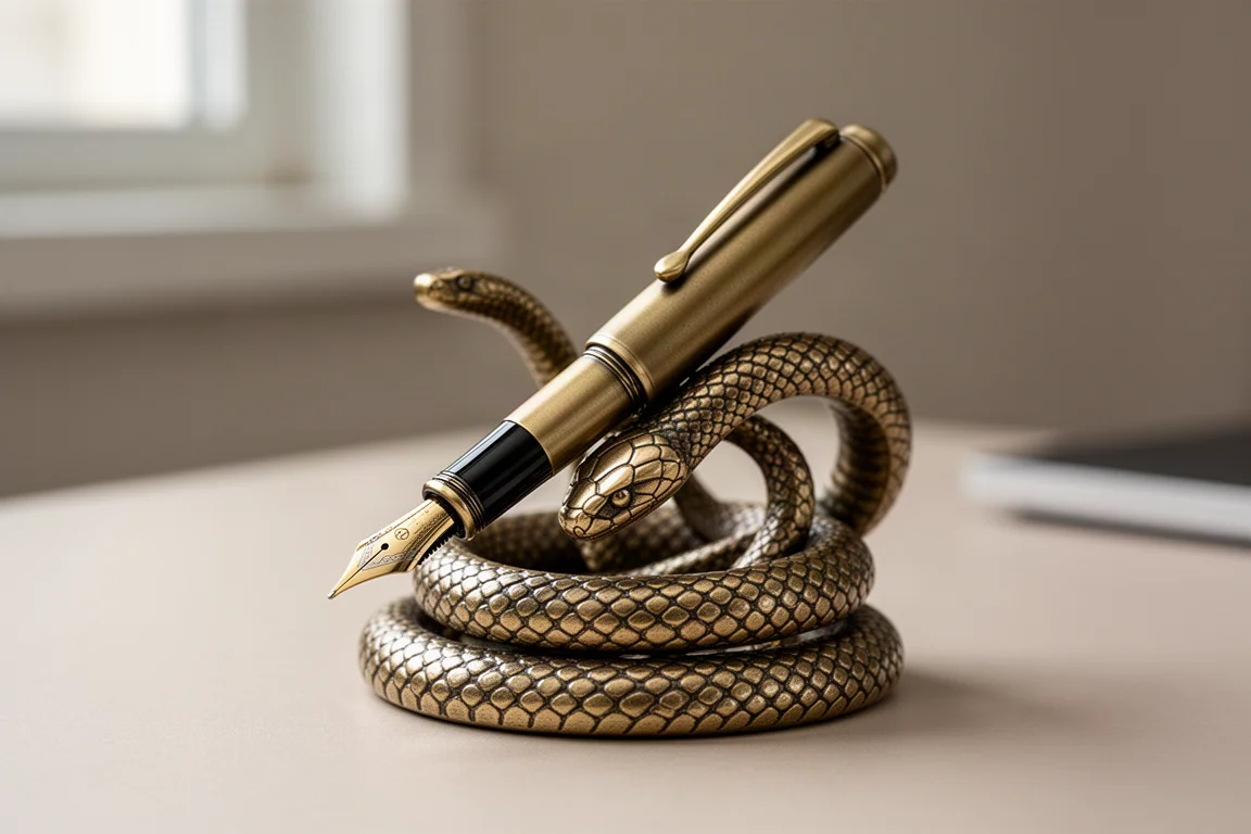Fountain pen resting on the coiled brass snake stand at an angle