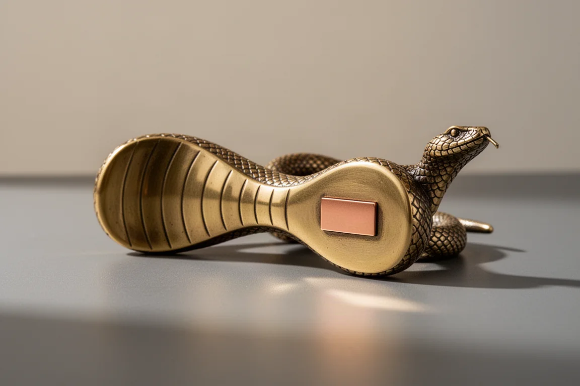 Underbelly of the brass snake stand showing a small copper maker's plate