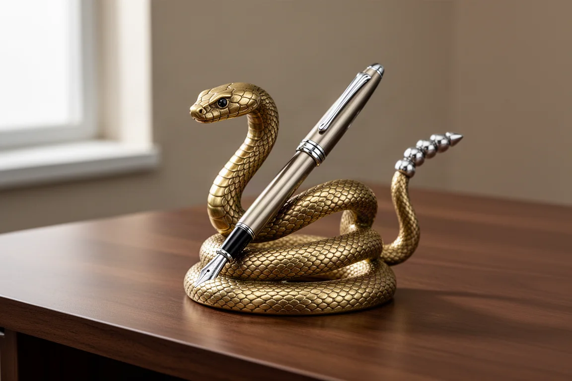 Porta penne a serpente a sonagli in ottone arrotolato su una scrivania in noce con una penna stilografica appoggiata sopra