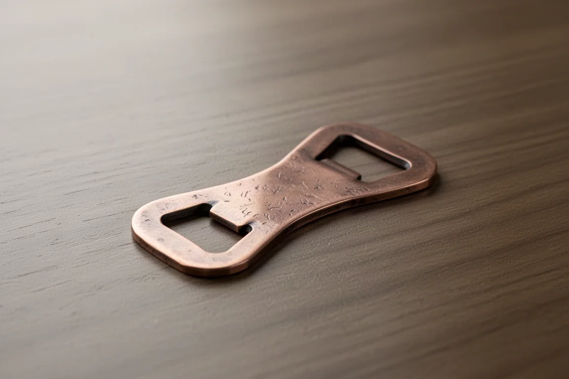 Flesopener van massief koper rustend op een houten bureau in warm natuurlijk licht