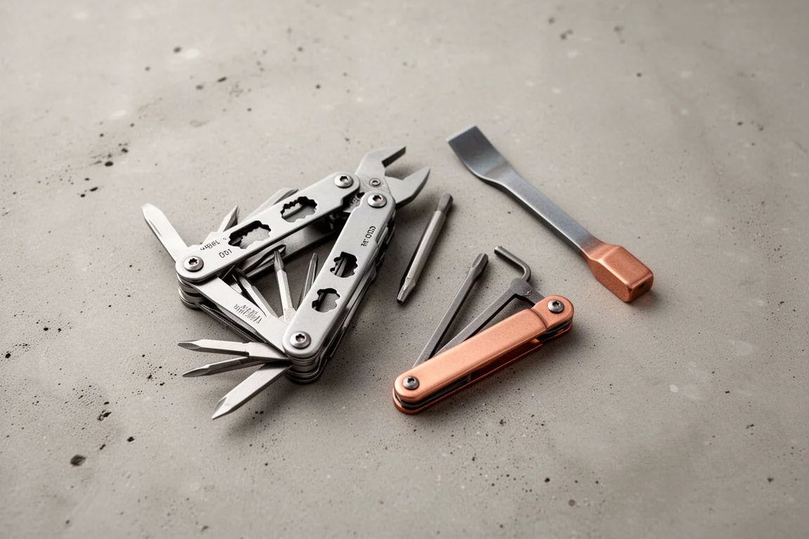 Verzameling kleine everyday-carry-gereedschappen op een betonnen ondergrond