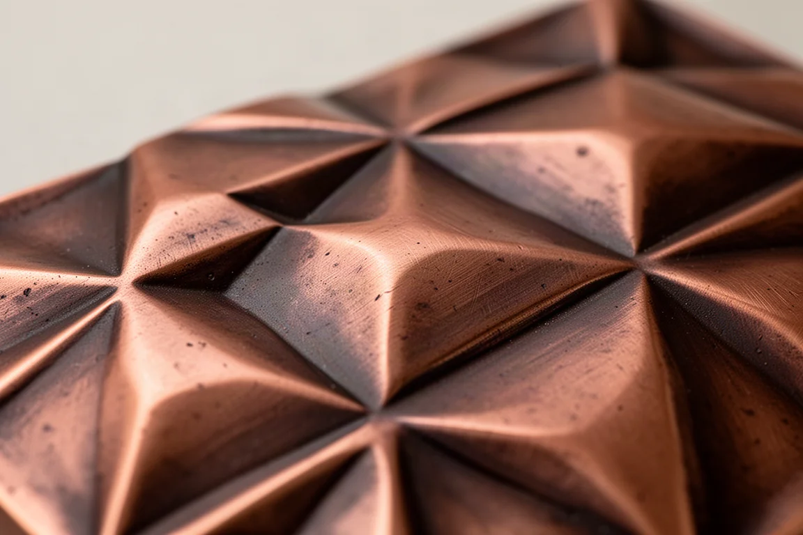 Detail van geantiquiseerd koperoppervlak met driedimensionaal geometrisch patroon