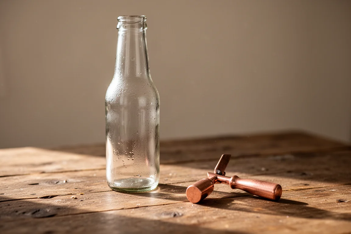 Fles wordt geopend met een klein koperen gereedschap op een rustieke tafel