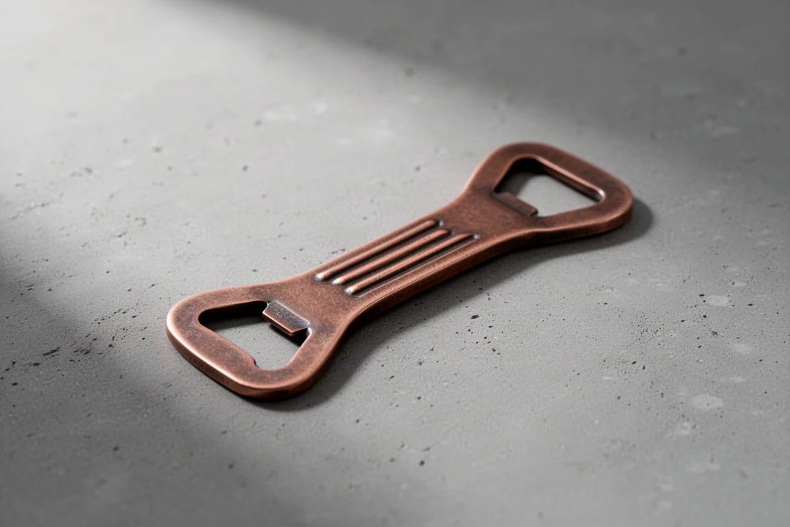 Handgemaakte flesopener van massief koper met geantiquiseerde afwerking op betonnen ondergrond