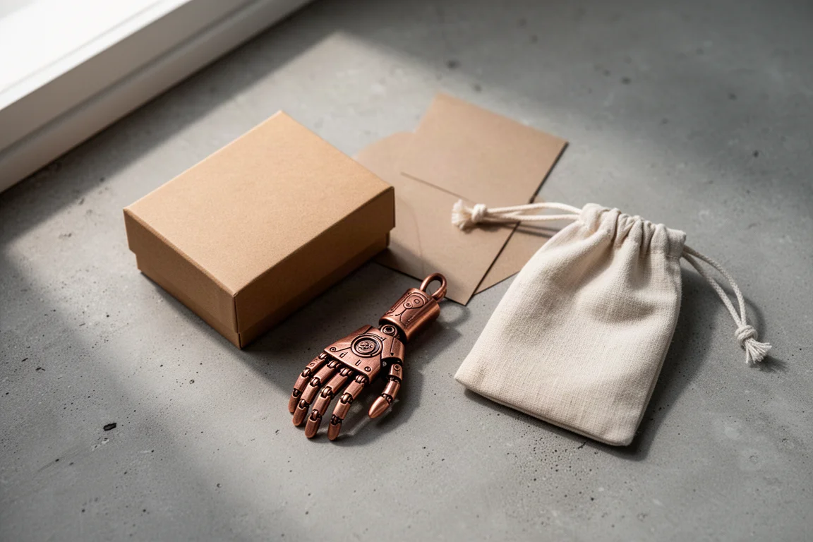 Copper mechanical hand pendant beside its simple cardboard box and fabric pouch