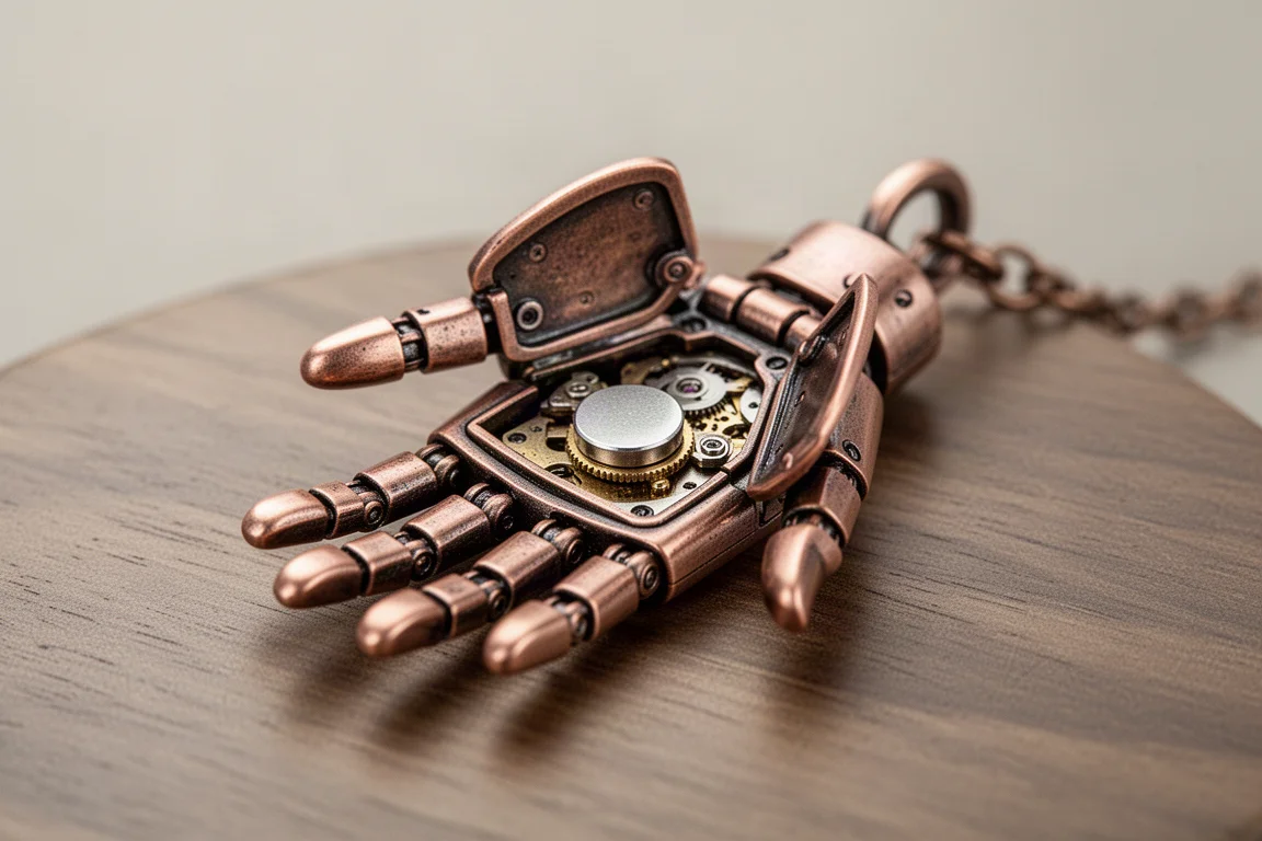 Close-up of the mechanical hand pendant with open panels revealing internal mechanisms