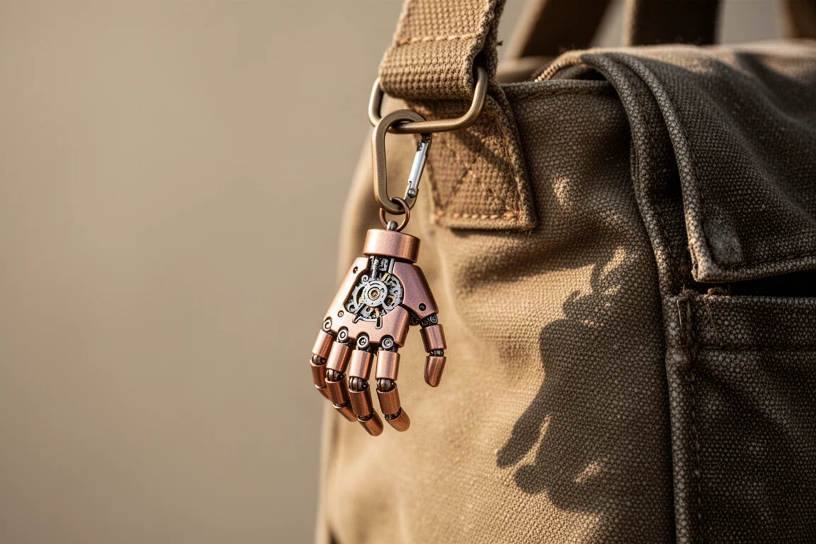 Mechanical hand pendant hanging from a small carabiner clipped to a bag strap