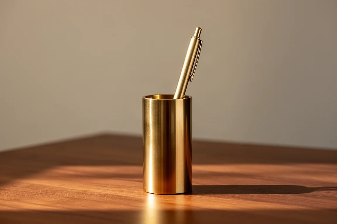 Messing-Stifthalter auf einem Holztisch mit einem Stift und einer kleinen Pen Light
