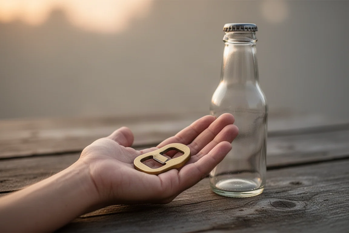 Eine Hand umschließt einen Messing-Flaschenöffner neben einer verschlossenen Flasche auf einem Tisch