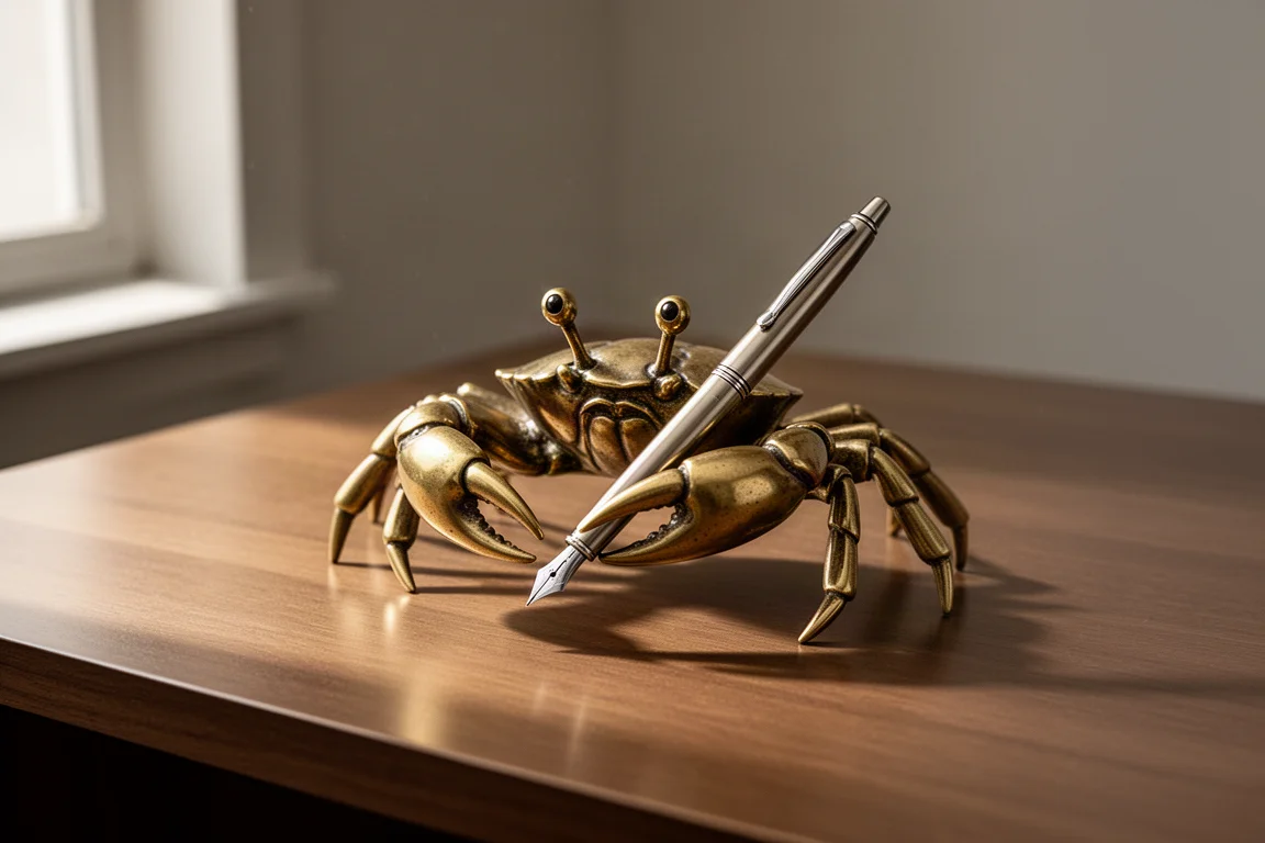 Brass crab figurine resting on a wooden desk holding a fountain pen