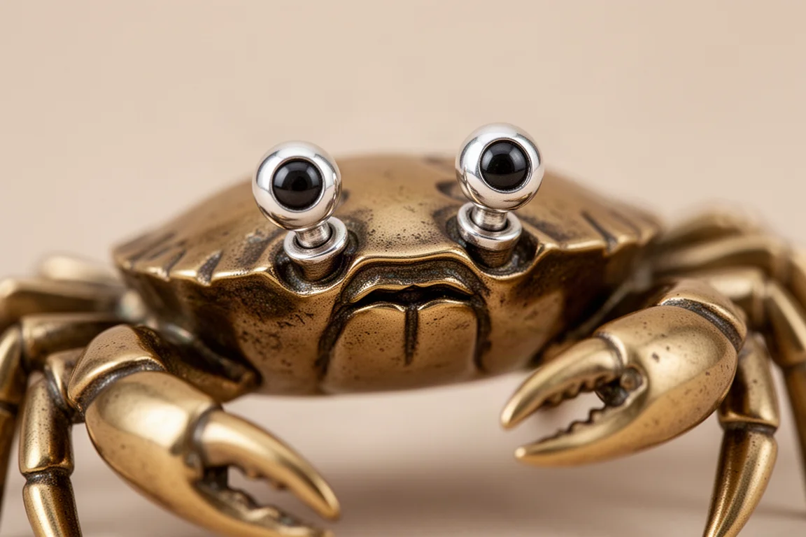 Close-up of the brass crab's movable sterling silver eyes