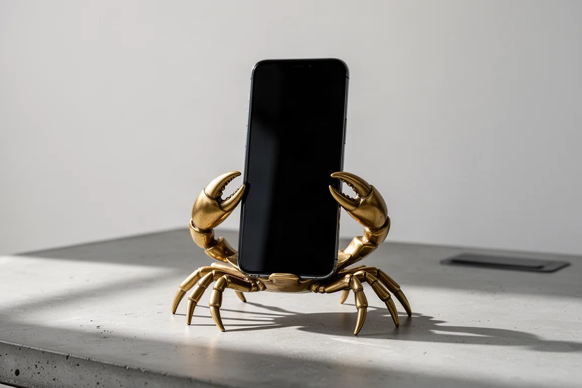 Smartphone standing in landscape orientation supported by the brass crab